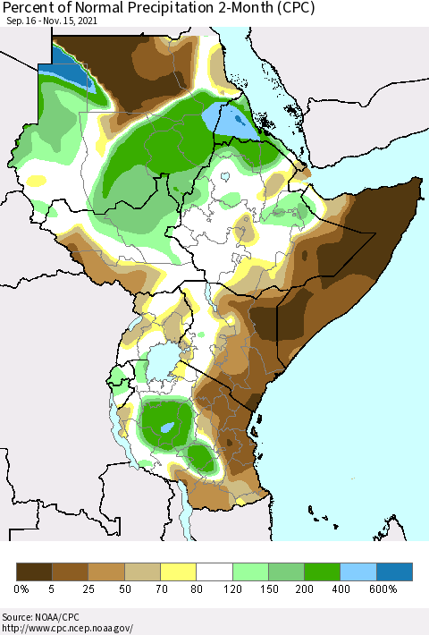 Eastern Africa Percent of Normal Precipitation 2-Month (CPC) Thematic Map For 9/16/2021 - 11/15/2021
