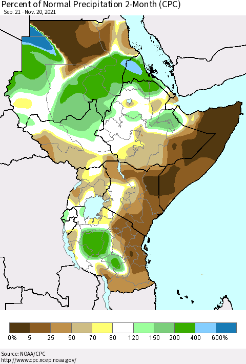 Eastern Africa Percent of Normal Precipitation 2-Month (CPC) Thematic Map For 9/21/2021 - 11/20/2021