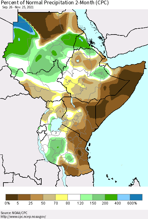 Eastern Africa Percent of Normal Precipitation 2-Month (CPC) Thematic Map For 9/26/2021 - 11/25/2021