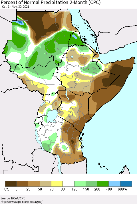 Eastern Africa Percent of Normal Precipitation 2-Month (CPC) Thematic Map For 10/1/2021 - 11/30/2021