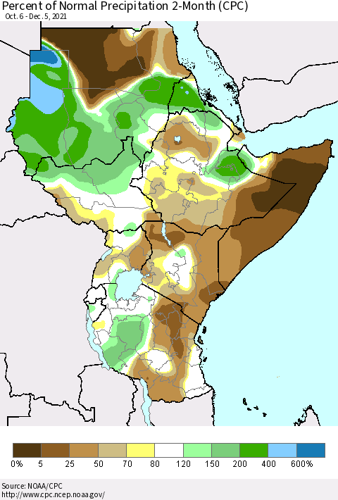 Eastern Africa Percent of Normal Precipitation 2-Month (CPC) Thematic Map For 10/6/2021 - 12/5/2021