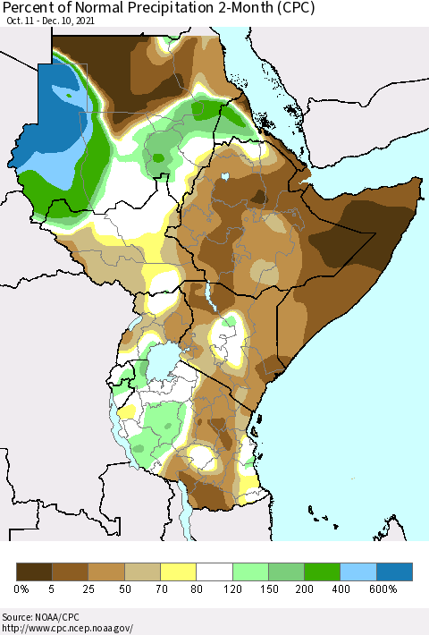 Eastern Africa Percent of Normal Precipitation 2-Month (CPC) Thematic Map For 10/11/2021 - 12/10/2021