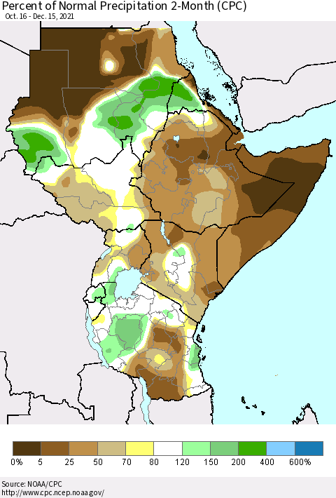 Eastern Africa Percent of Normal Precipitation 2-Month (CPC) Thematic Map For 10/16/2021 - 12/15/2021