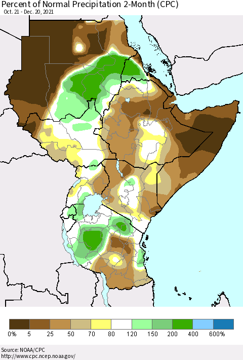 Eastern Africa Percent of Normal Precipitation 2-Month (CPC) Thematic Map For 10/21/2021 - 12/20/2021