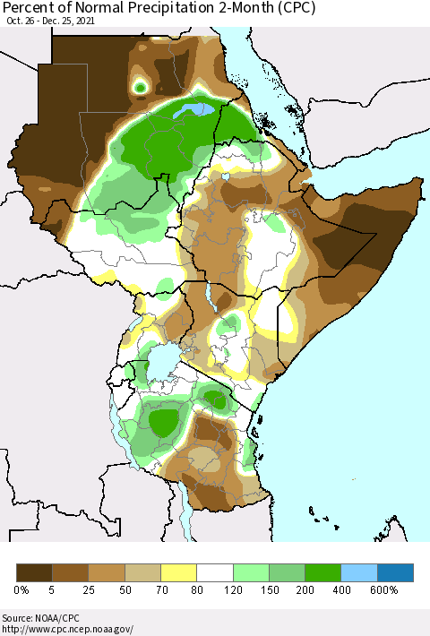 Eastern Africa Percent of Normal Precipitation 2-Month (CPC) Thematic Map For 10/26/2021 - 12/25/2021