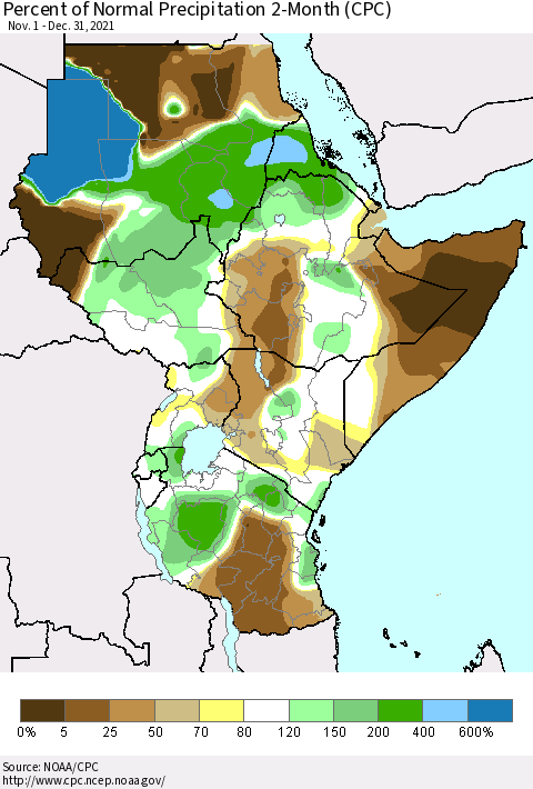 Eastern Africa Percent of Normal Precipitation 2-Month (CPC) Thematic Map For 11/1/2021 - 12/31/2021