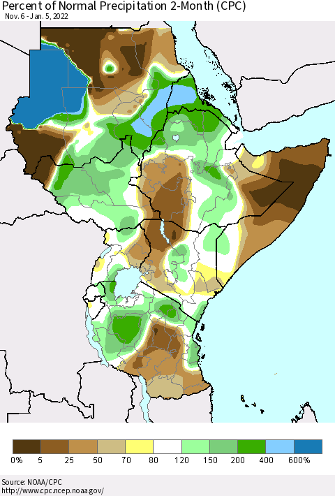 Eastern Africa Percent of Normal Precipitation 2-Month (CPC) Thematic Map For 11/6/2021 - 1/5/2022