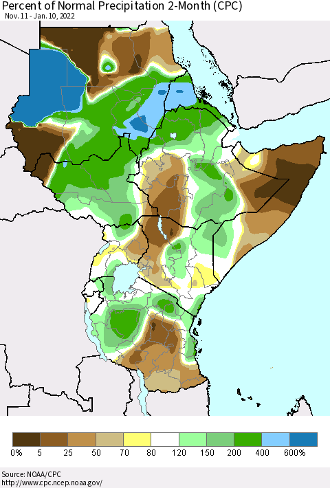 Eastern Africa Percent of Normal Precipitation 2-Month (CPC) Thematic Map For 11/11/2021 - 1/10/2022