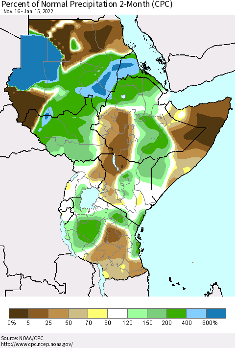 Eastern Africa Percent of Normal Precipitation 2-Month (CPC) Thematic Map For 11/16/2021 - 1/15/2022