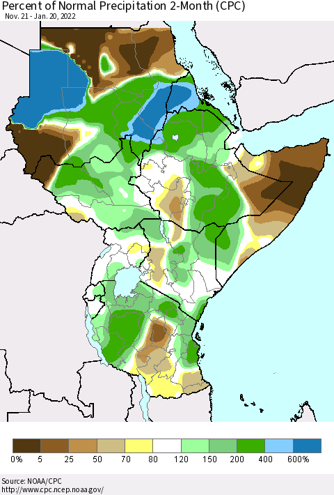 Eastern Africa Percent of Normal Precipitation 2-Month (CPC) Thematic Map For 11/21/2021 - 1/20/2022