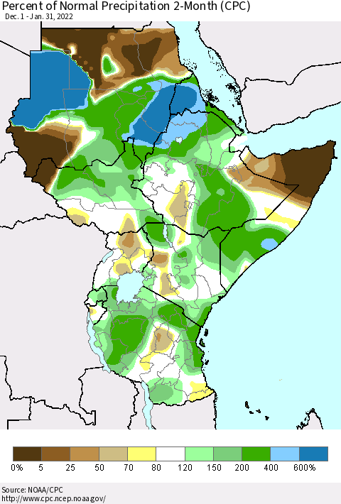 Eastern Africa Percent of Normal Precipitation 2-Month (CPC) Thematic Map For 12/1/2021 - 1/31/2022
