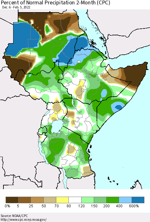 Eastern Africa Percent of Normal Precipitation 2-Month (CPC) Thematic Map For 12/6/2021 - 2/5/2022