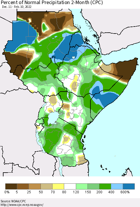 Eastern Africa Percent of Normal Precipitation 2-Month (CPC) Thematic Map For 12/11/2021 - 2/10/2022