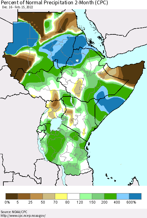 Eastern Africa Percent of Normal Precipitation 2-Month (CPC) Thematic Map For 12/16/2021 - 2/15/2022