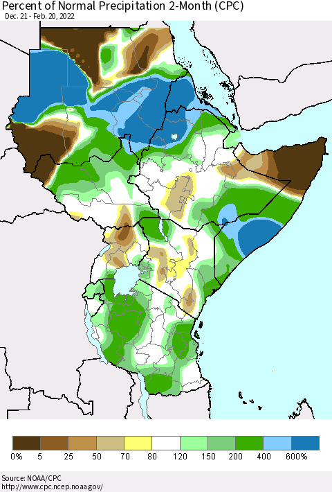 Eastern Africa Percent of Normal Precipitation 2-Month (CPC) Thematic Map For 12/21/2021 - 2/20/2022