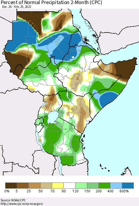 Eastern Africa Percent of Normal Precipitation 2-Month (CPC) Thematic Map For 12/26/2021 - 2/25/2022