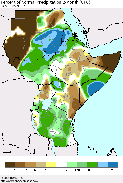 Eastern Africa Percent of Normal Precipitation 2-Month (CPC) Thematic Map For 1/1/2022 - 2/28/2022