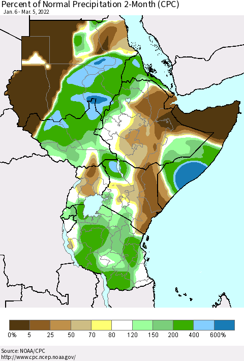 Eastern Africa Percent of Normal Precipitation 2-Month (CPC) Thematic Map For 1/6/2022 - 3/5/2022
