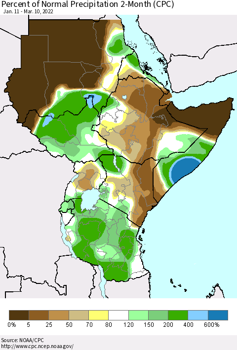 Eastern Africa Percent of Normal Precipitation 2-Month (CPC) Thematic Map For 1/11/2022 - 3/10/2022