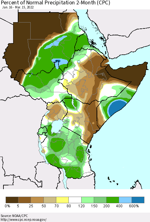 Eastern Africa Percent of Normal Precipitation 2-Month (CPC) Thematic Map For 1/16/2022 - 3/15/2022