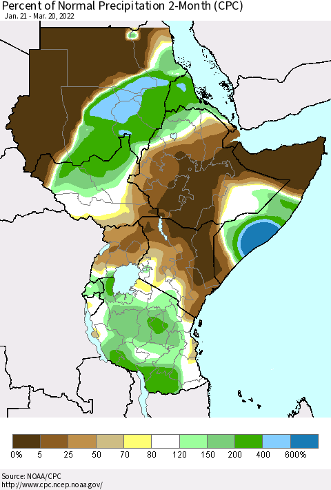Eastern Africa Percent of Normal Precipitation 2-Month (CPC) Thematic Map For 1/21/2022 - 3/20/2022