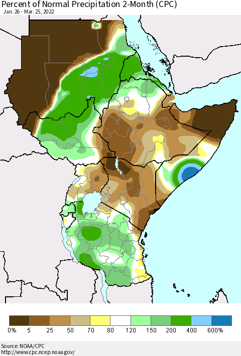 Eastern Africa Percent of Normal Precipitation 2-Month (CPC) Thematic Map For 1/26/2022 - 3/25/2022