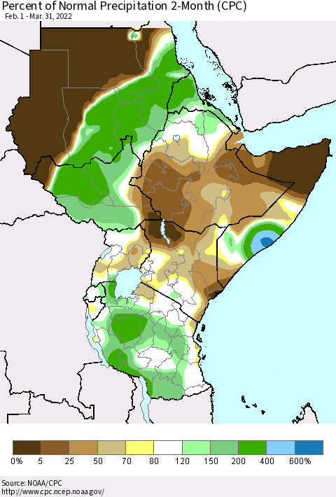Eastern Africa Percent of Normal Precipitation 2-Month (CPC) Thematic Map For 2/1/2022 - 3/31/2022