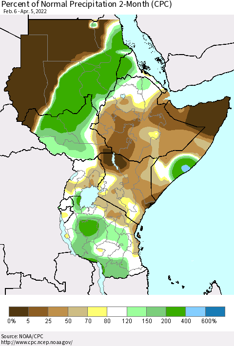 Eastern Africa Percent of Normal Precipitation 2-Month (CPC) Thematic Map For 2/6/2022 - 4/5/2022