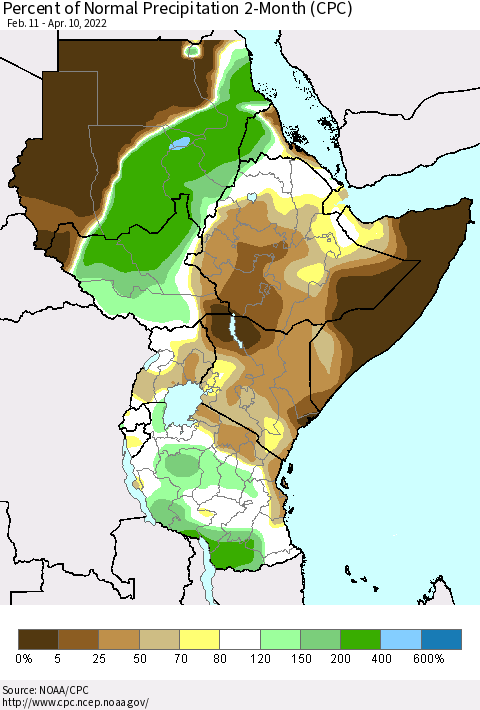 Eastern Africa Percent of Normal Precipitation 2-Month (CPC) Thematic Map For 2/11/2022 - 4/10/2022