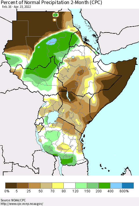 Eastern Africa Percent of Normal Precipitation 2-Month (CPC) Thematic Map For 2/16/2022 - 4/15/2022