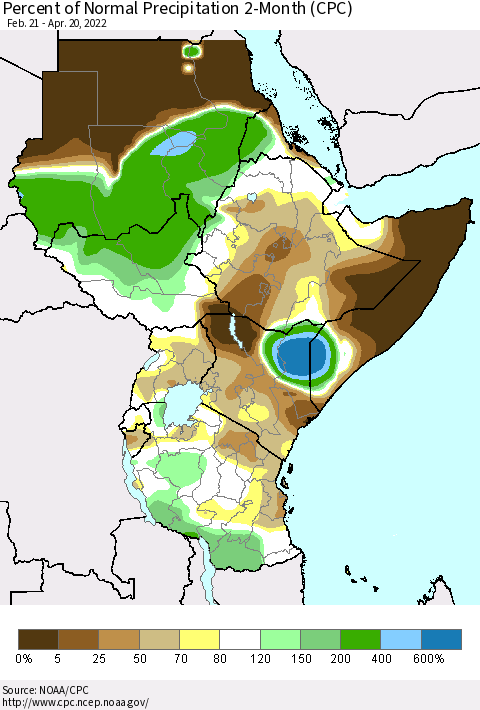 Eastern Africa Percent of Normal Precipitation 2-Month (CPC) Thematic Map For 2/21/2022 - 4/20/2022