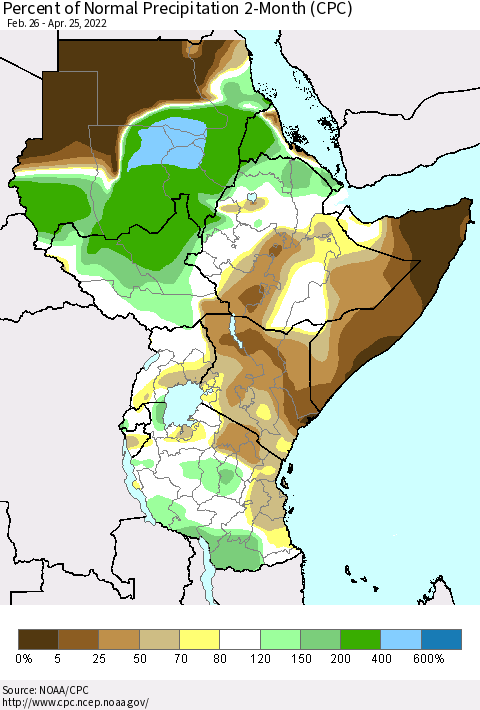 Eastern Africa Percent of Normal Precipitation 2-Month (CPC) Thematic Map For 2/26/2022 - 4/25/2022