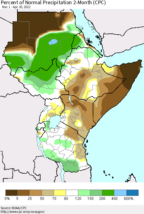 Eastern Africa Percent of Normal Precipitation 2-Month (CPC) Thematic Map For 3/1/2022 - 4/30/2022