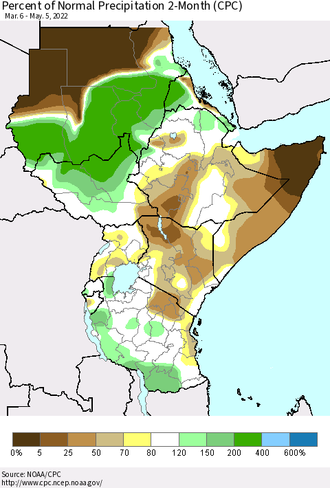 Eastern Africa Percent of Normal Precipitation 2-Month (CPC) Thematic Map For 3/6/2022 - 5/5/2022