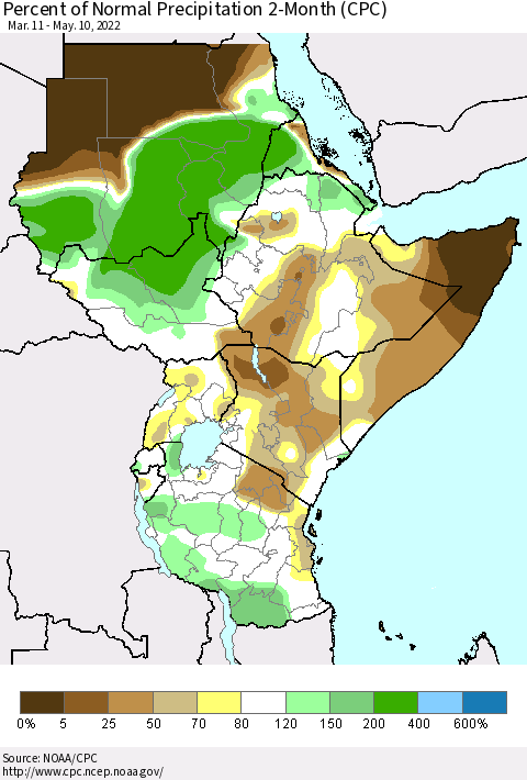 Eastern Africa Percent of Normal Precipitation 2-Month (CPC) Thematic Map For 3/11/2022 - 5/10/2022