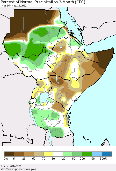 Eastern Africa Percent of Normal Precipitation 2-Month (CPC) Thematic Map For 3/16/2022 - 5/15/2022