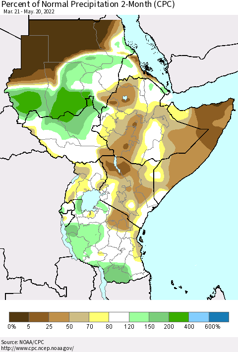 Eastern Africa Percent of Normal Precipitation 2-Month (CPC) Thematic Map For 3/21/2022 - 5/20/2022