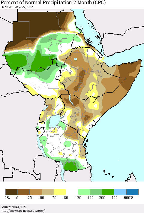 Eastern Africa Percent of Normal Precipitation 2-Month (CPC) Thematic Map For 3/26/2022 - 5/25/2022