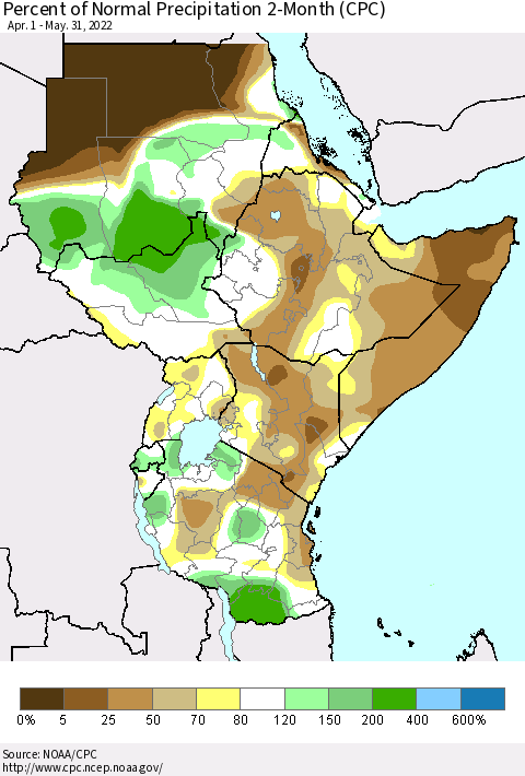 Eastern Africa Percent of Normal Precipitation 2-Month (CPC) Thematic Map For 4/1/2022 - 5/31/2022