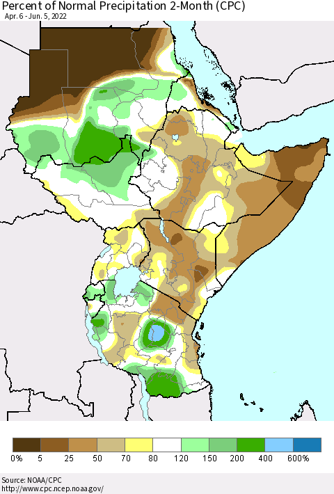 Eastern Africa Percent of Normal Precipitation 2-Month (CPC) Thematic Map For 4/6/2022 - 6/5/2022