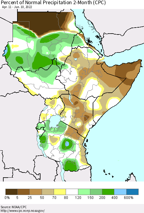 Eastern Africa Percent of Normal Precipitation 2-Month (CPC) Thematic Map For 4/11/2022 - 6/10/2022