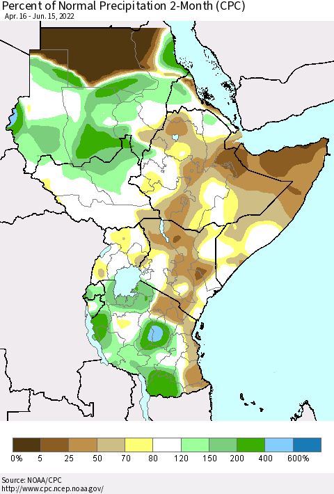 Eastern Africa Percent of Normal Precipitation 2-Month (CPC) Thematic Map For 4/16/2022 - 6/15/2022