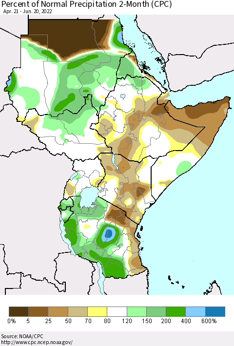 Eastern Africa Percent of Normal Precipitation 2-Month (CPC) Thematic Map For 4/21/2022 - 6/20/2022