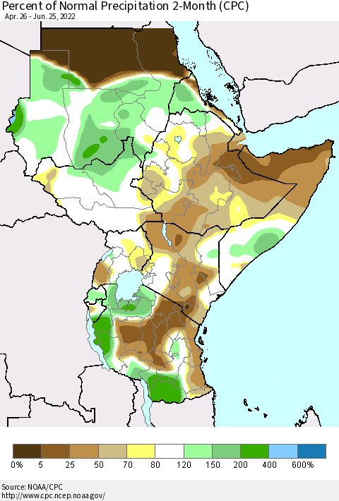 Eastern Africa Percent of Normal Precipitation 2-Month (CPC) Thematic Map For 4/26/2022 - 6/25/2022