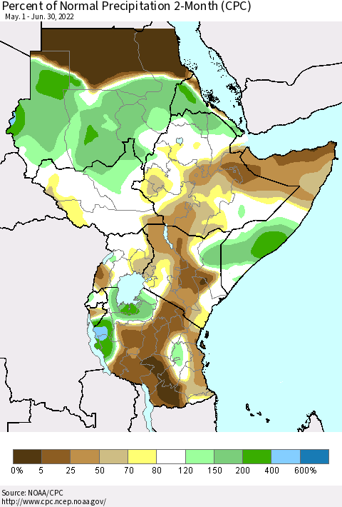Eastern Africa Percent of Normal Precipitation 2-Month (CPC) Thematic Map For 5/1/2022 - 6/30/2022