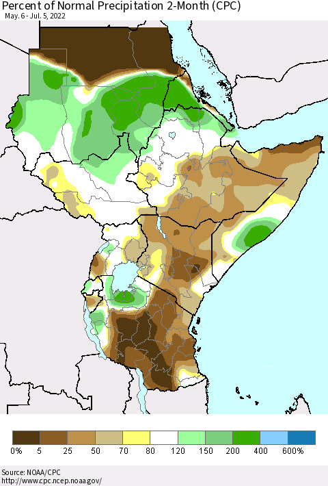 Eastern Africa Percent of Normal Precipitation 2-Month (CPC) Thematic Map For 5/6/2022 - 7/5/2022