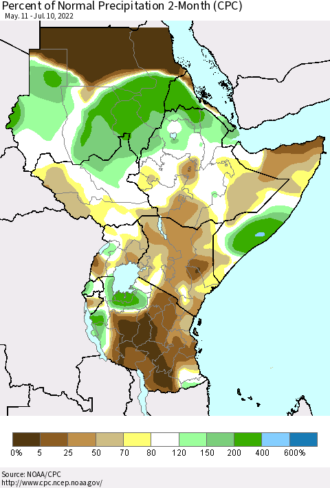 Eastern Africa Percent of Normal Precipitation 2-Month (CPC) Thematic Map For 5/11/2022 - 7/10/2022