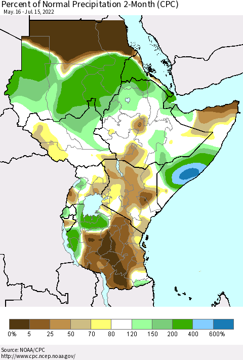 Eastern Africa Percent of Normal Precipitation 2-Month (CPC) Thematic Map For 5/16/2022 - 7/15/2022