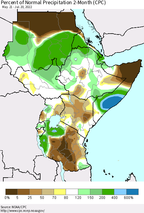 Eastern Africa Percent of Normal Precipitation 2-Month (CPC) Thematic Map For 5/21/2022 - 7/20/2022
