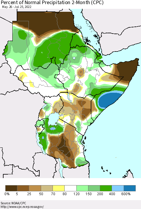 Eastern Africa Percent of Normal Precipitation 2-Month (CPC) Thematic Map For 5/26/2022 - 7/25/2022